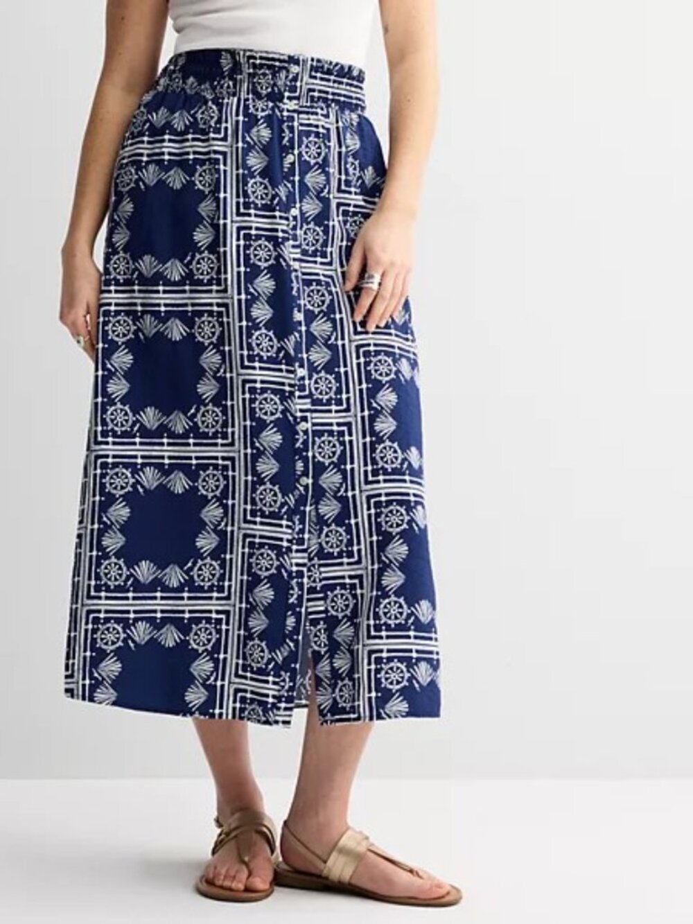 Sonoma Button Through Midi Skirt Blue Nautical Print NWT